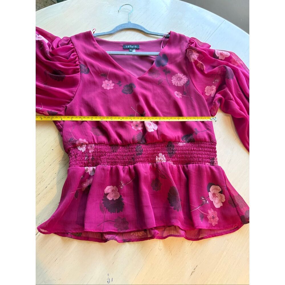 1.STATE Pink Floral Chiffon Peplum Blouse Smocked Waist V-Neck Size M - Picture 7 of 12